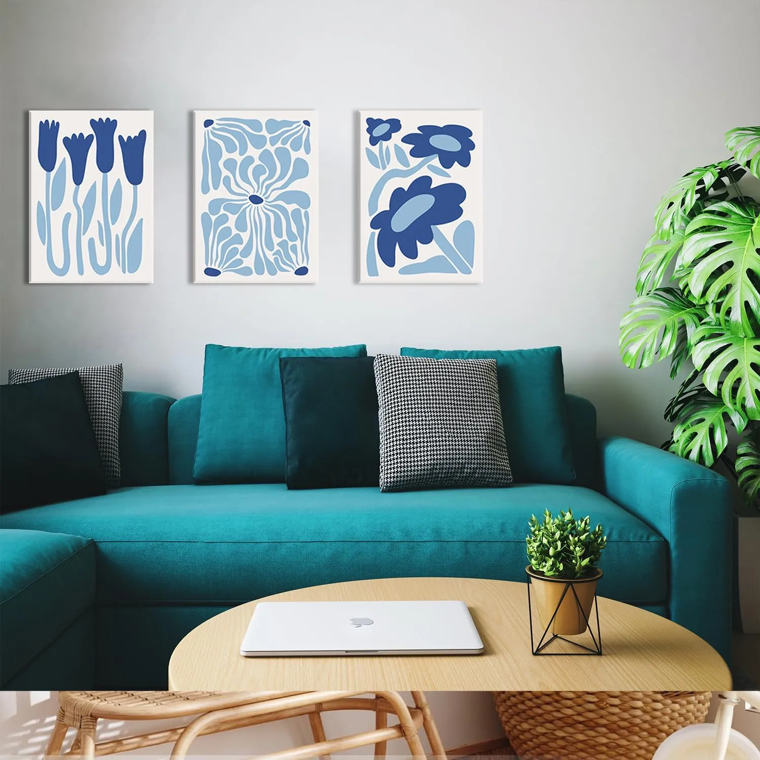 Blue Flower Wall Art Set of 3, Henri Matisse Light Blue Aesthetic Wall Decor, Abstract Gallery Posters Canvas Painting Pictures Prints for Bedroom Living Room Bathroom Framed 12x16 inch