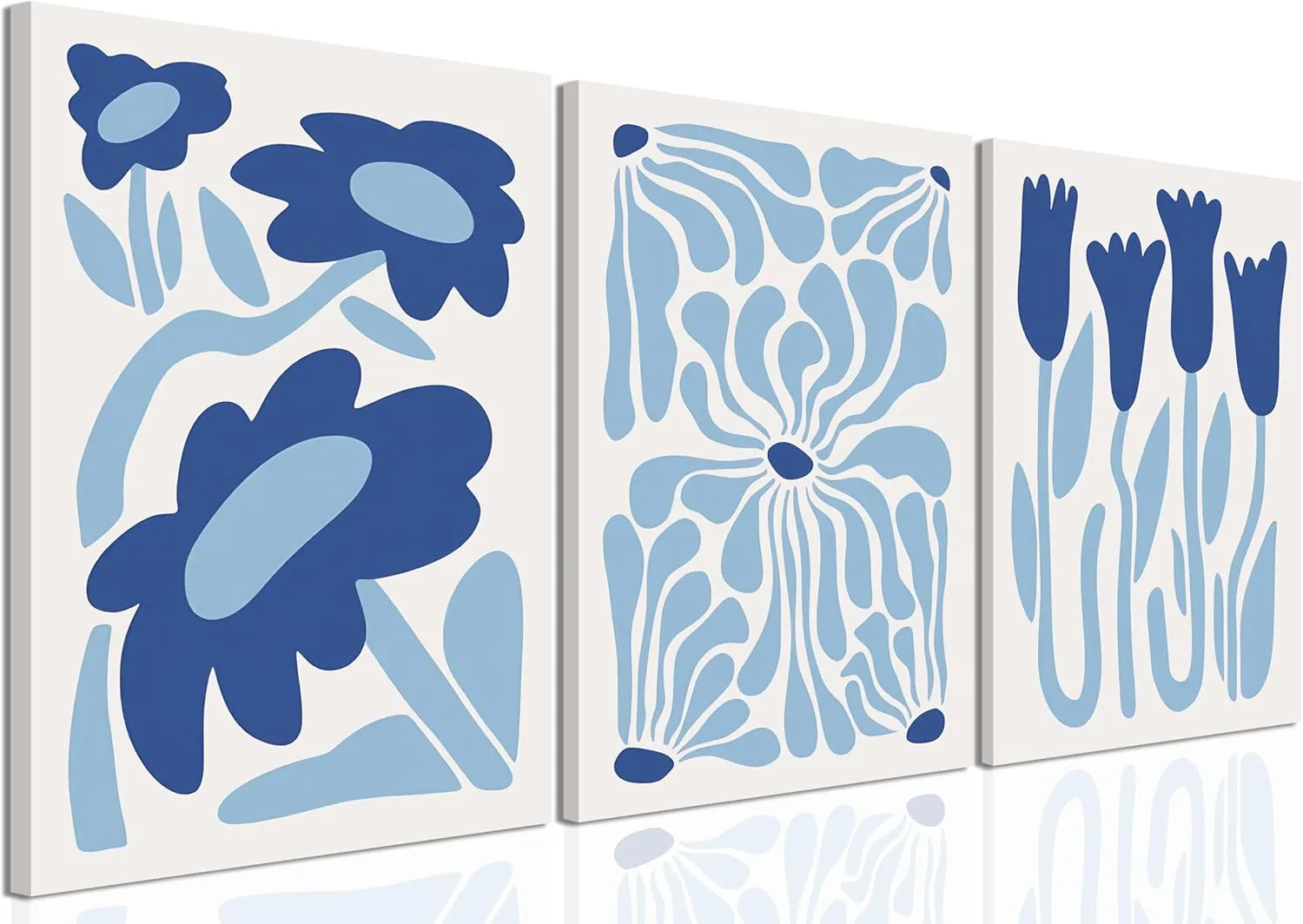 Blue Flower Wall Art Set of 3, Henri Matisse Light Blue Aesthetic Wall Decor, Abstract Gallery Posters Canvas Painting Pictures Prints for Bedroom Living Room Bathroom Framed 12x16 inch