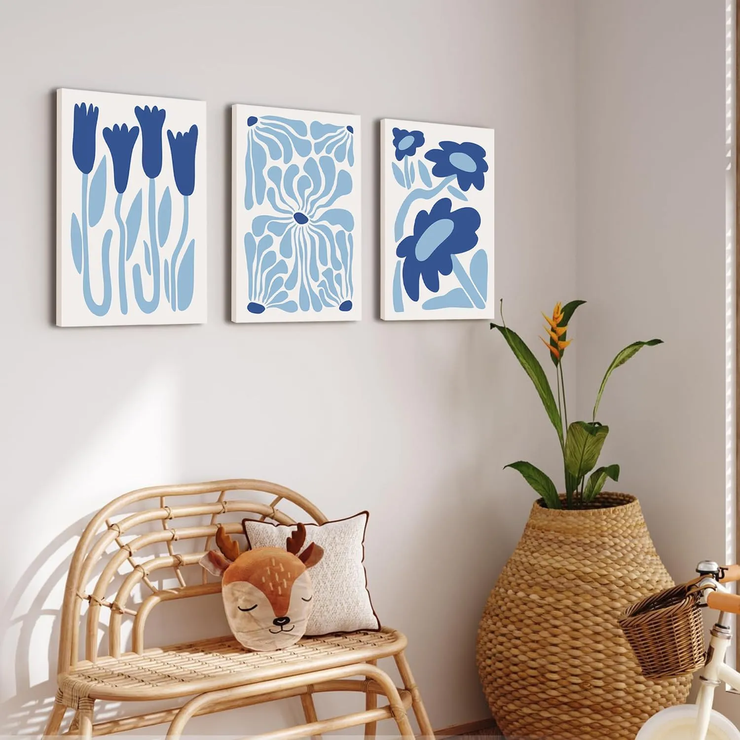 Blue Flower Wall Art Set of 3, Henri Matisse Light Blue Aesthetic Wall Decor, Abstract Gallery Posters Canvas Painting Pictures Prints for Bedroom Living Room Bathroom Framed 12x16 inch