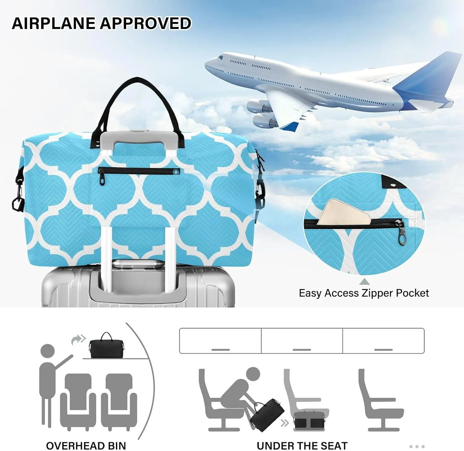Blue Light Moroccan Sports Gym Bag for Women Men Travel Duffel Bag Weekend Overnight Carry on Bag with Toiletry Bag Workout Dance Bag for Swimming Yoga Workout Hospital Plane