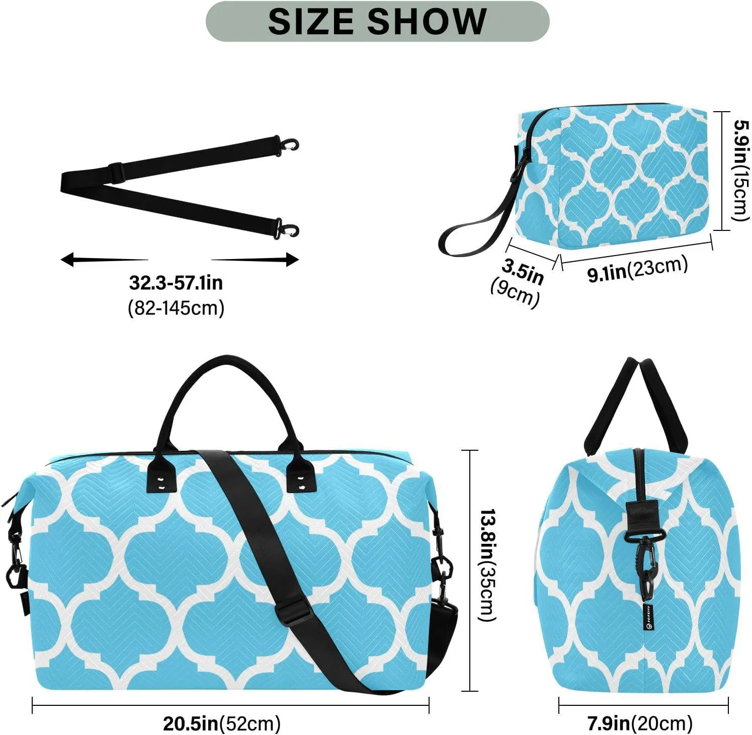 Blue Light Moroccan Sports Gym Bag for Women Men Travel Duffel Bag Weekend Overnight Carry on Bag with Toiletry Bag Workout Dance Bag for Swimming Yoga Workout Hospital Plane