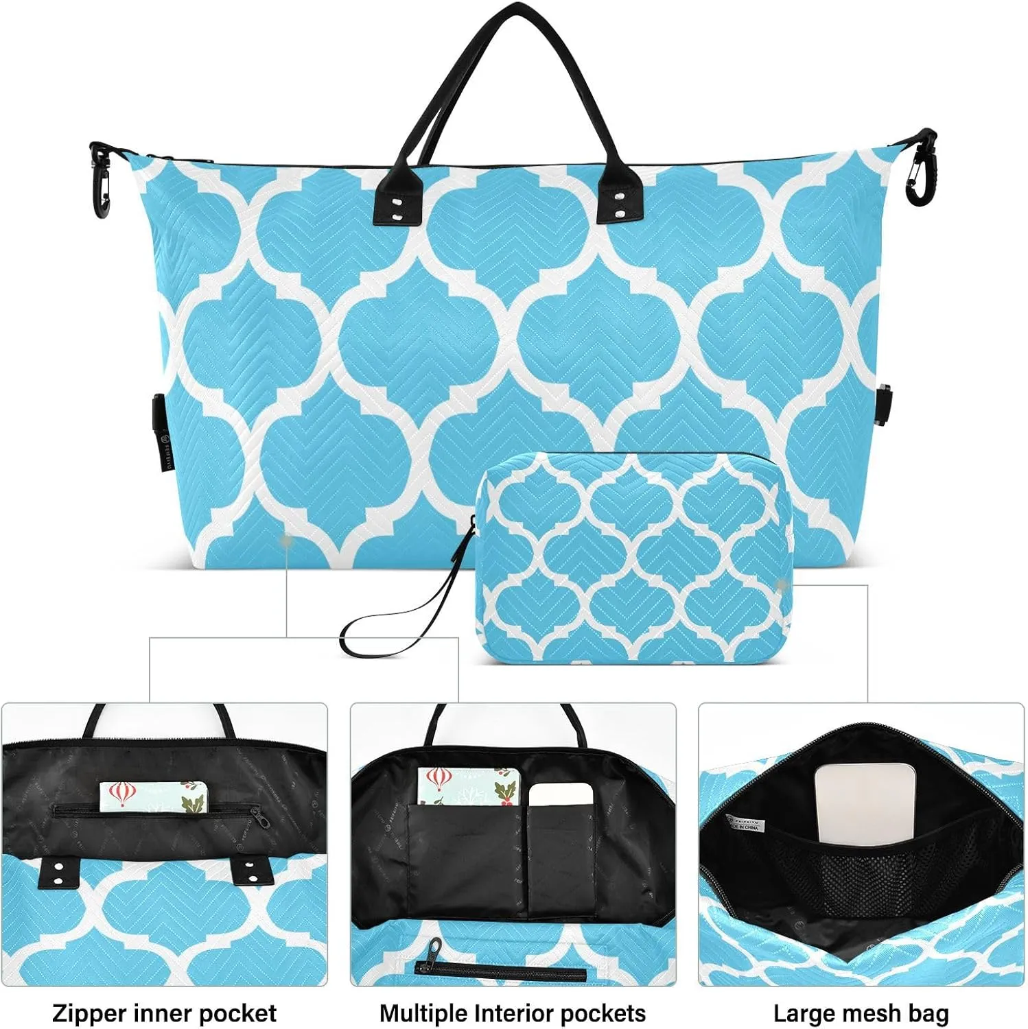 Blue Light Moroccan Sports Gym Bag for Women Men Travel Duffel Bag Weekend Overnight Carry on Bag with Toiletry Bag Workout Dance Bag for Swimming Yoga Workout Hospital Plane