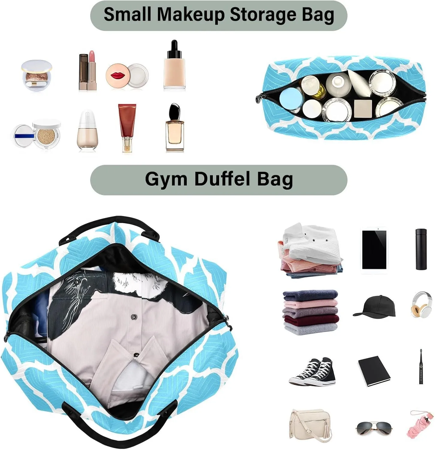 Blue Light Moroccan Sports Gym Bag for Women Men Travel Duffel Bag Weekend Overnight Carry on Bag with Toiletry Bag Workout Dance Bag for Swimming Yoga Workout Hospital Plane