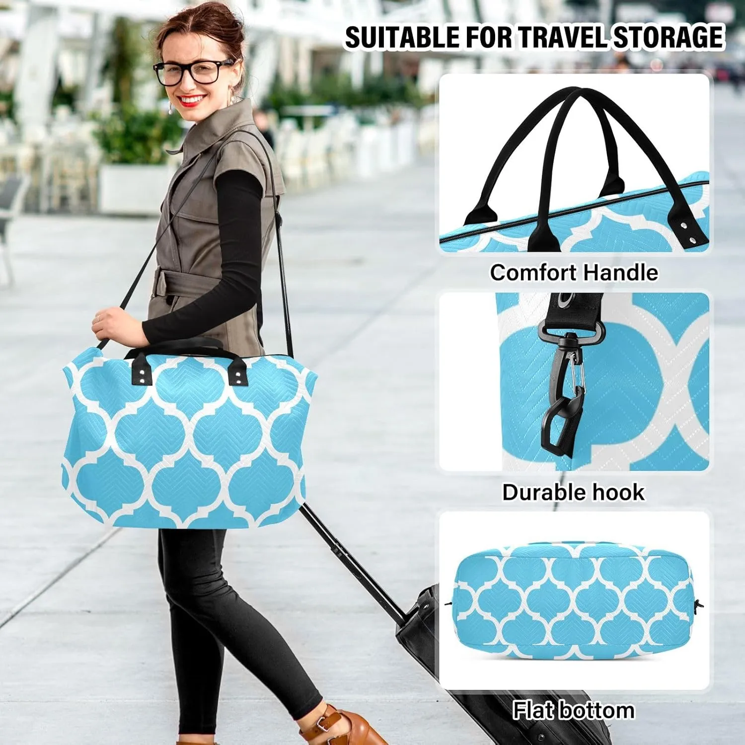 Blue Light Moroccan Sports Gym Bag for Women Men Travel Duffel Bag Weekend Overnight Carry on Bag with Toiletry Bag Workout Dance Bag for Swimming Yoga Workout Hospital Plane