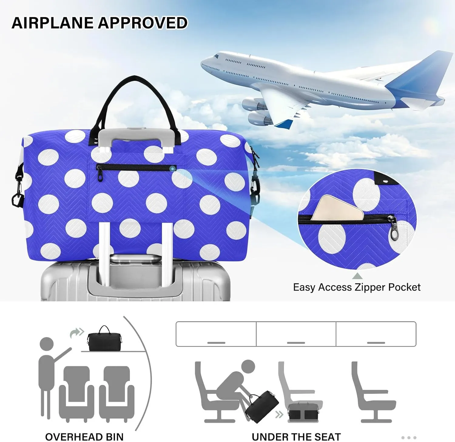 Blue Polka Dot Sports Gym Bag for Women Men Travel Duffel Bag Weekend Overnight Carry on Bag with Toiletry Bag Air Travel Bag for Hospital Plane Swimming Yoga Workout