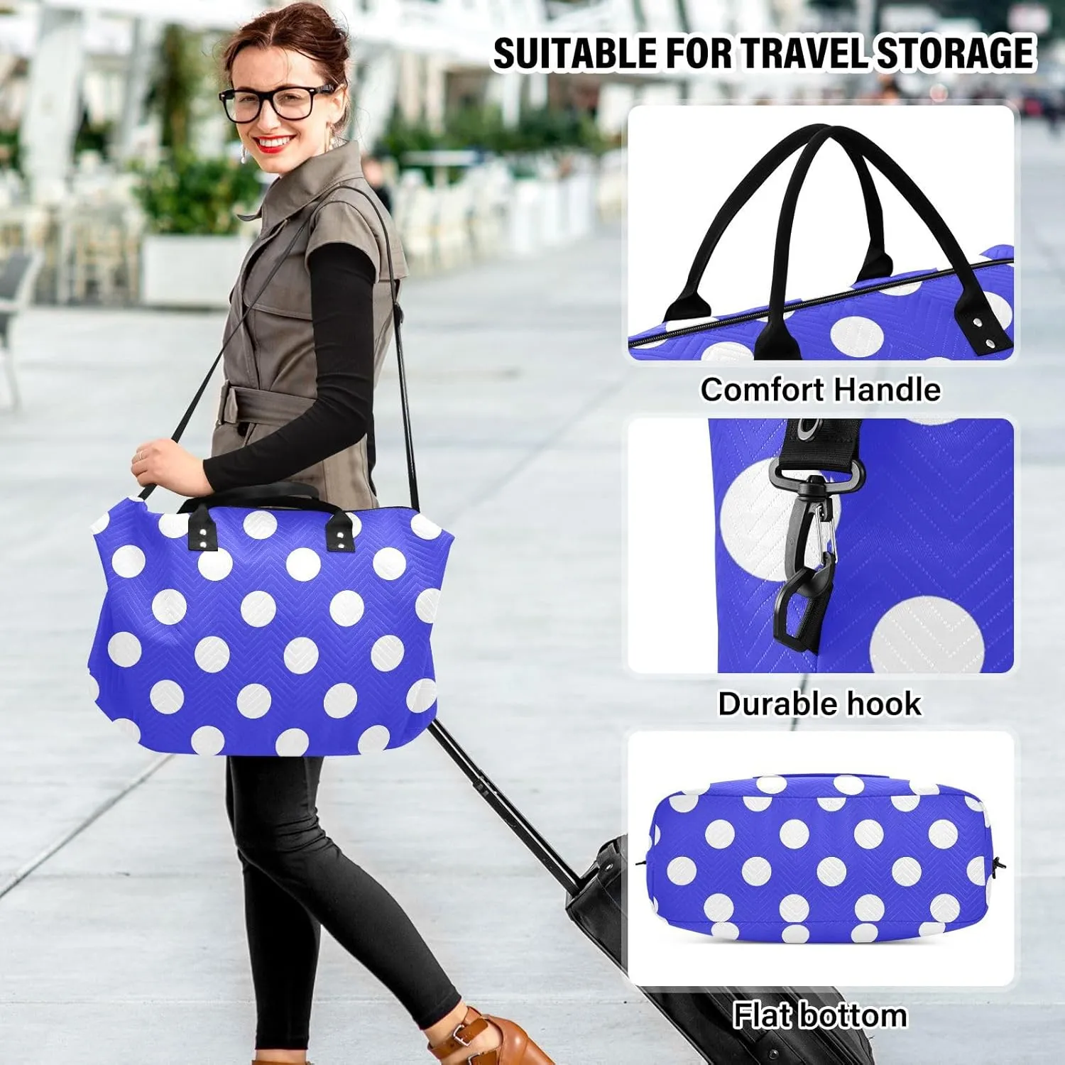 Blue Polka Dot Sports Gym Bag for Women Men Travel Duffel Bag Weekend Overnight Carry on Bag with Toiletry Bag Air Travel Bag for Hospital Plane Swimming Yoga Workout