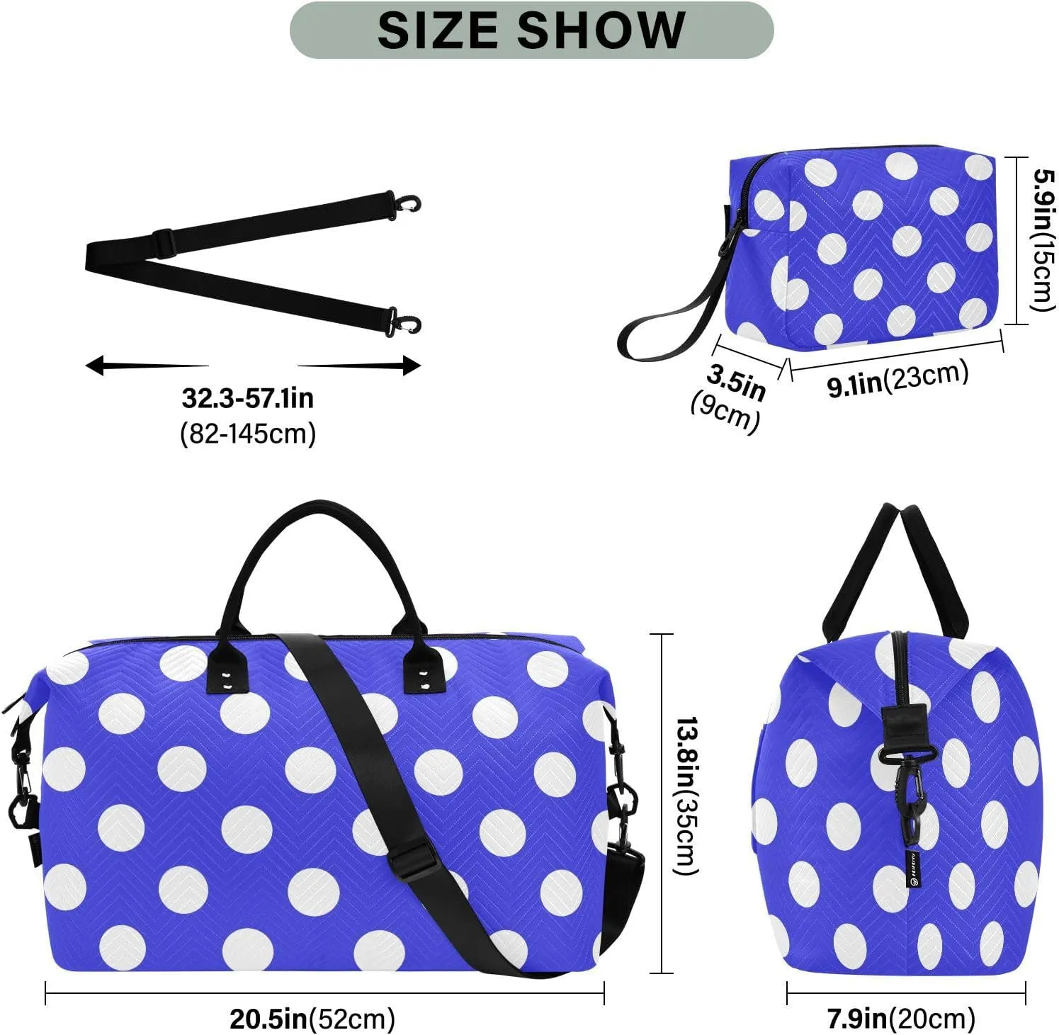 Blue Polka Dot Sports Gym Bag for Women Men Travel Duffel Bag Weekend Overnight Carry on Bag with Toiletry Bag Air Travel Bag for Hospital Plane Swimming Yoga Workout