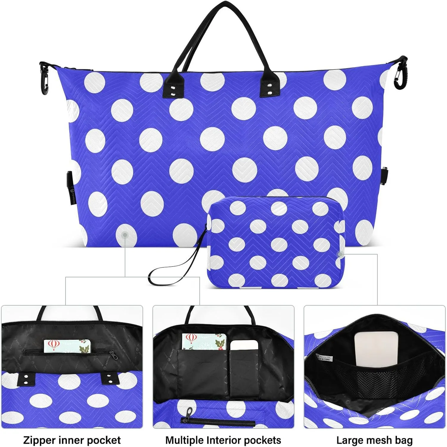 Blue Polka Dot Sports Gym Bag for Women Men Travel Duffel Bag Weekend Overnight Carry on Bag with Toiletry Bag Air Travel Bag for Hospital Plane Swimming Yoga Workout
