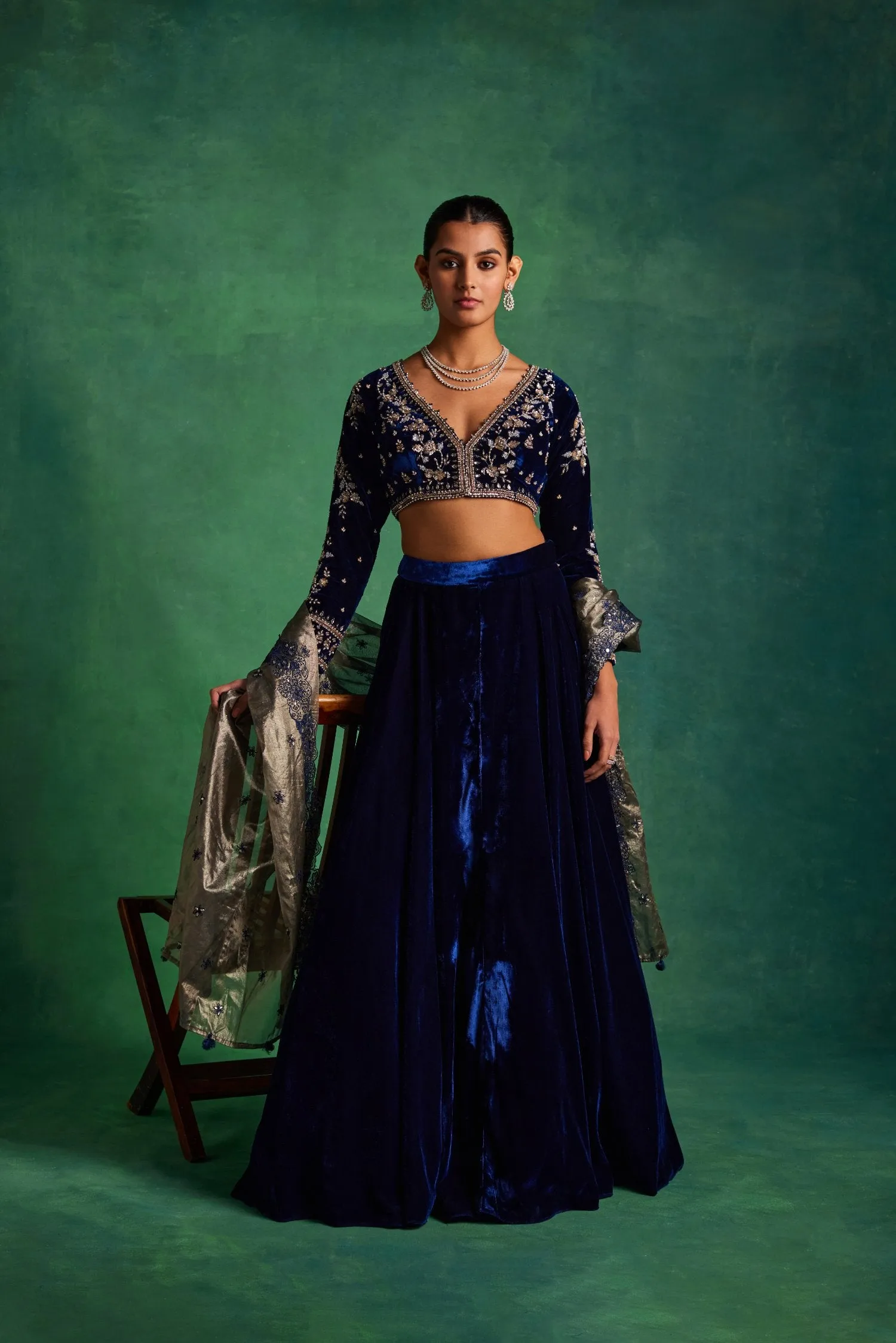 Blue Velvet Lehenga And Blouse