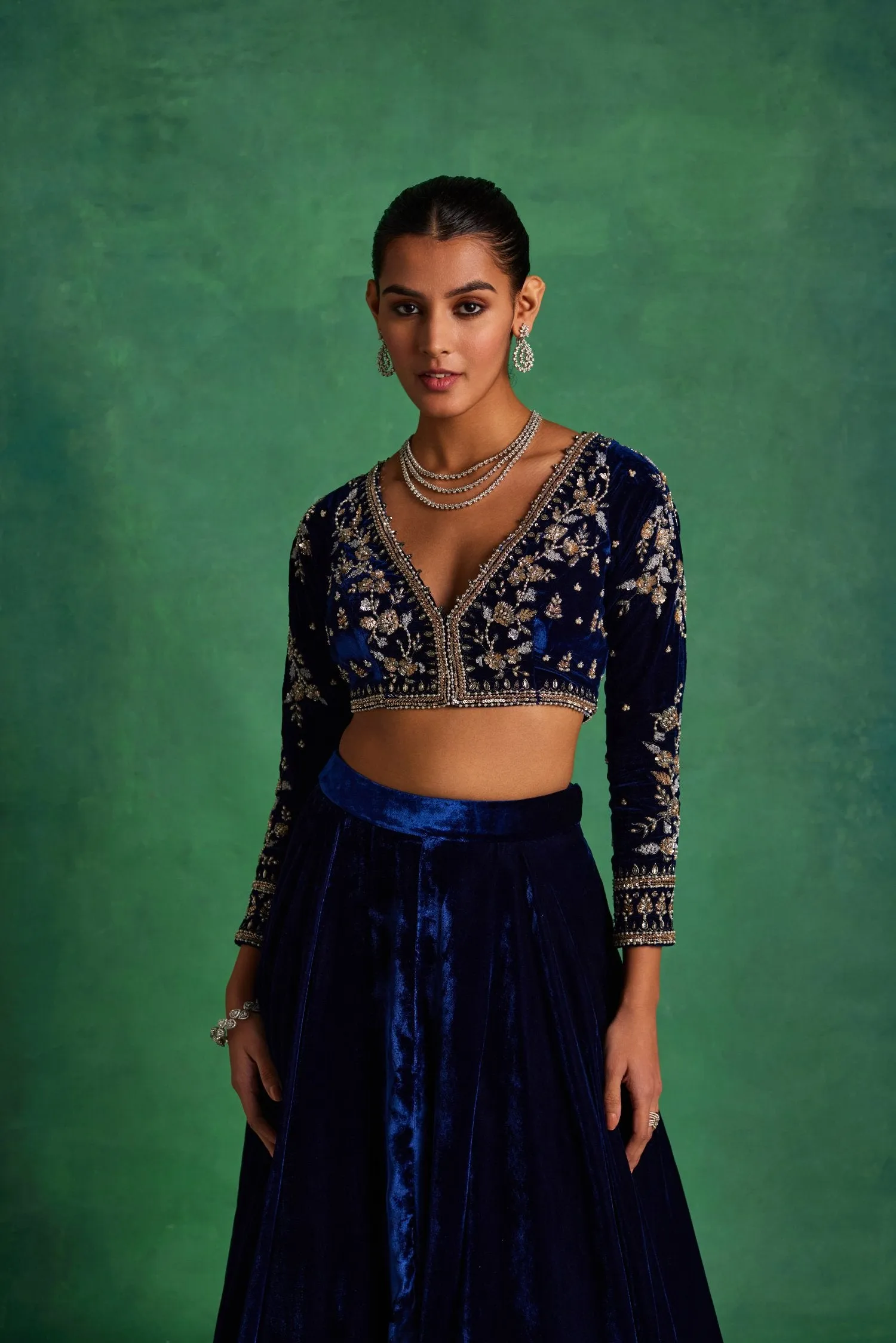 Blue Velvet Lehenga And Blouse
