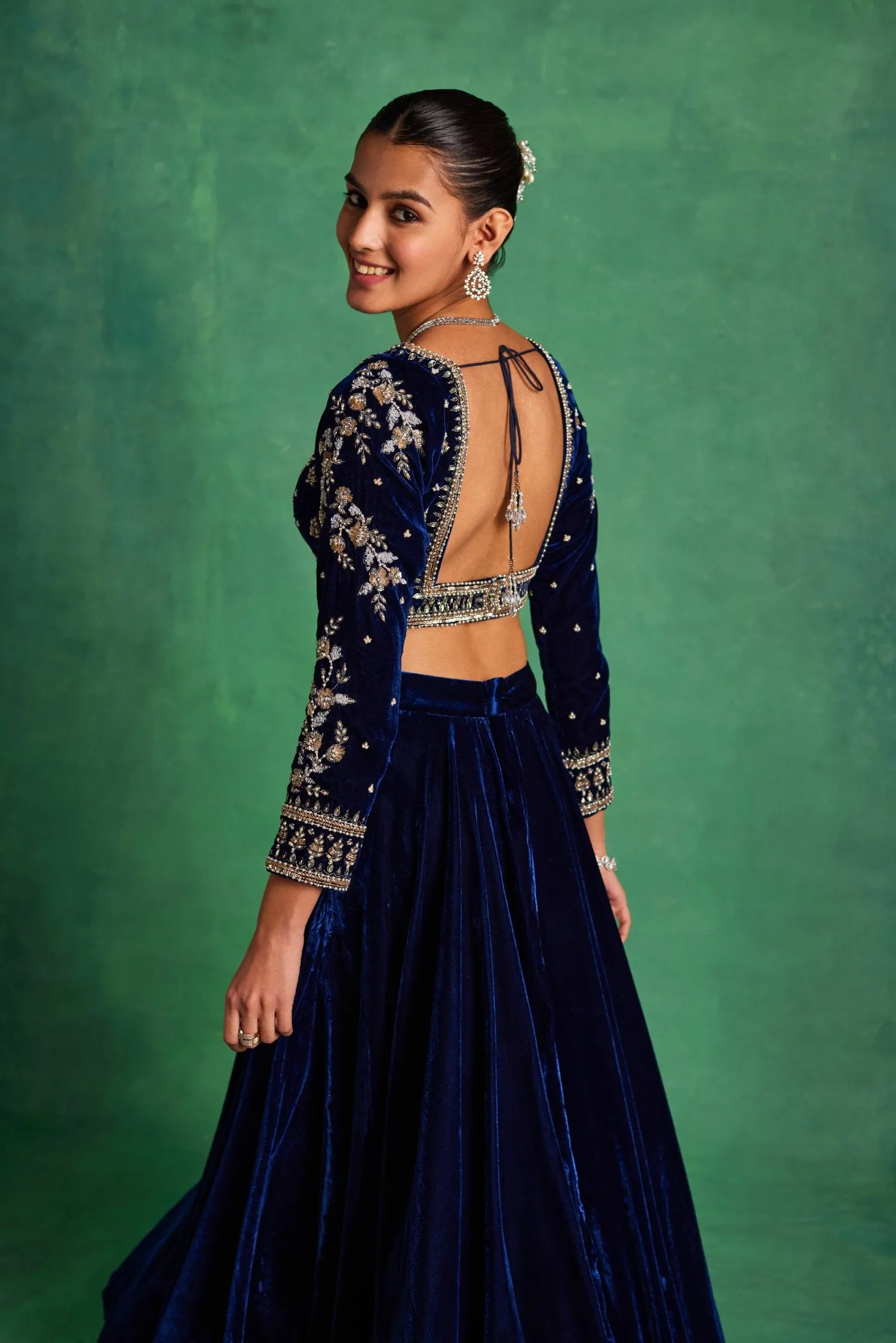 Blue Velvet Lehenga And Blouse