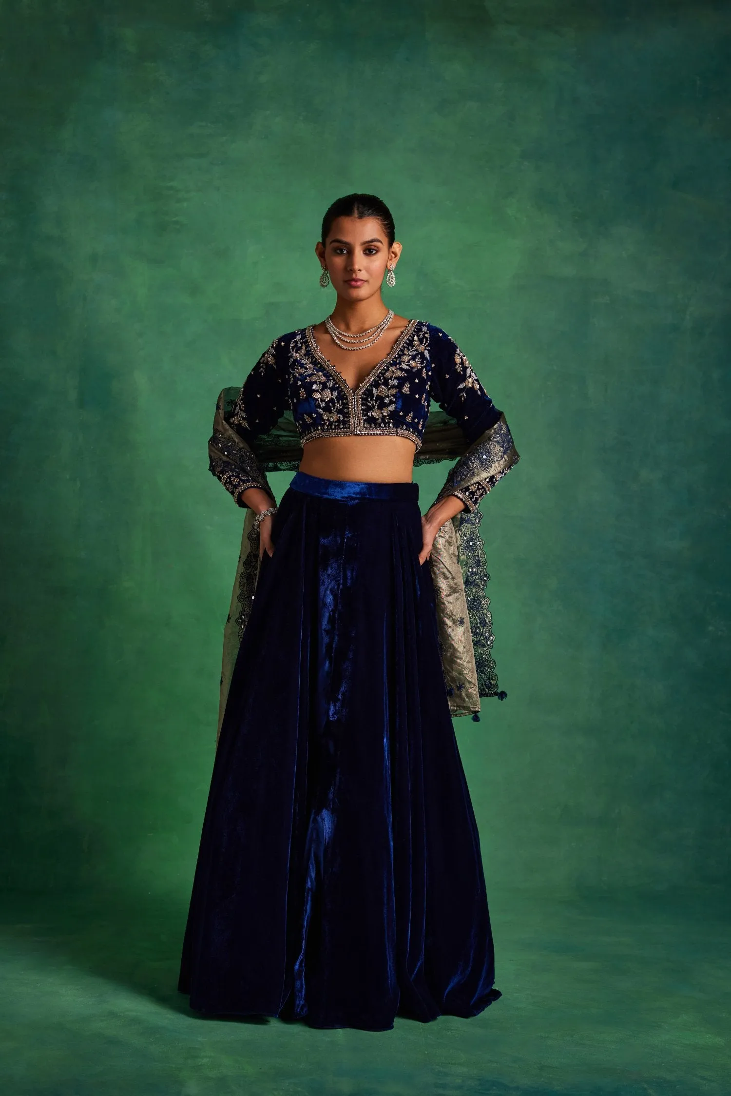 Blue Velvet Lehenga And Blouse