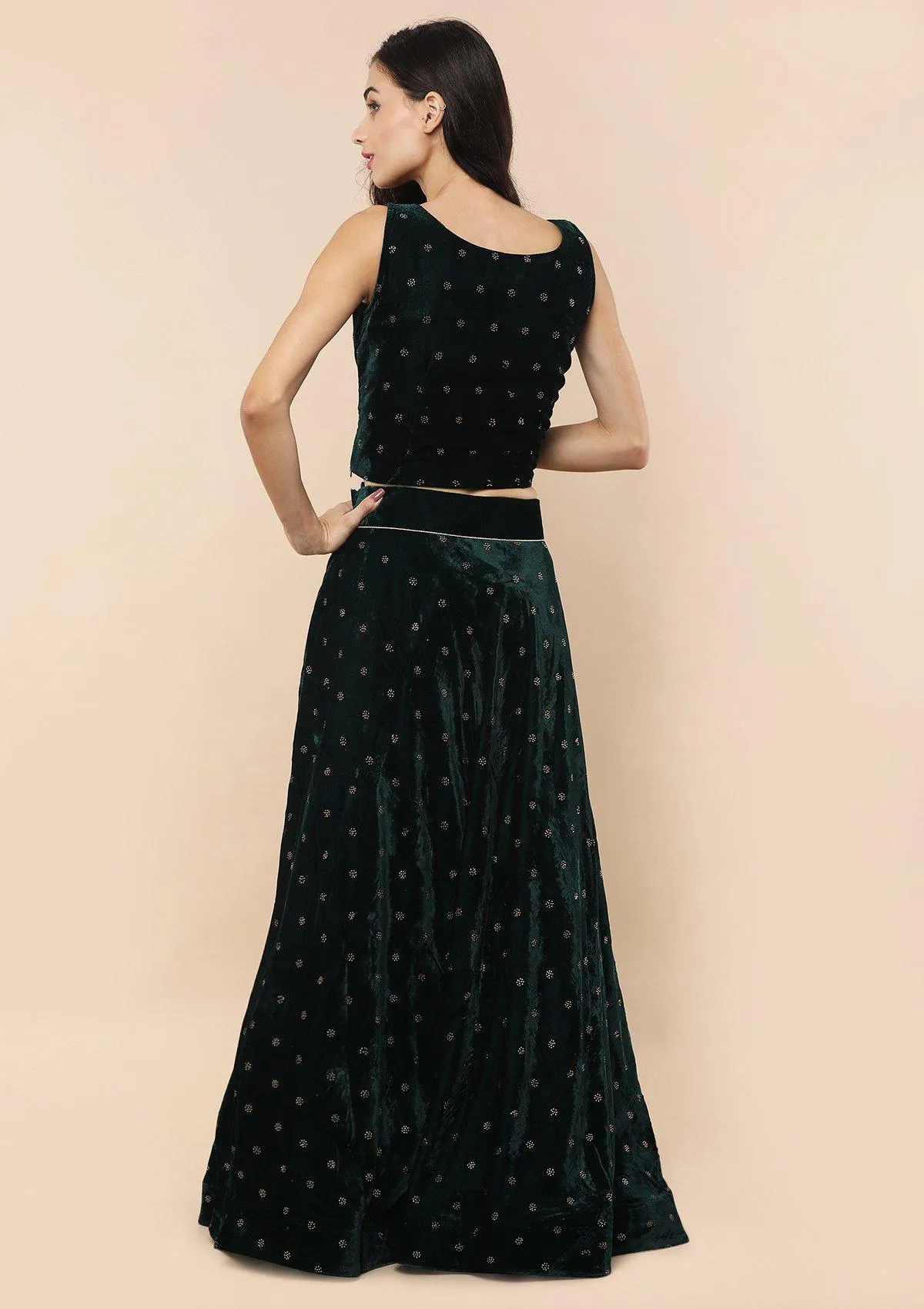 Bottle Green Sequinned Velvet Readymade Lehenga