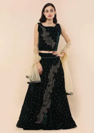 Bottle Green Sequinned Velvet Readymade Lehenga