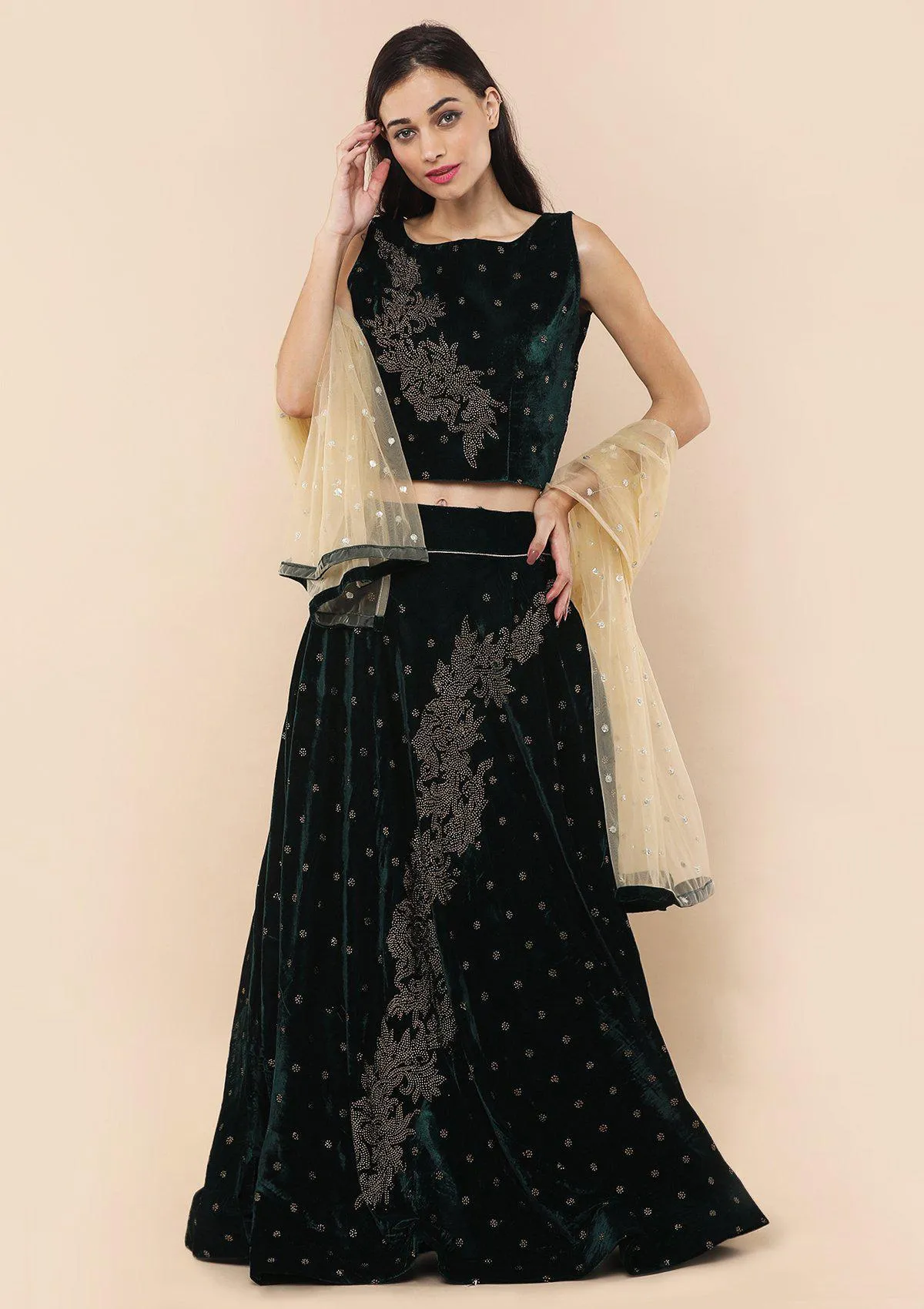 Bottle Green Sequinned Velvet Readymade Lehenga