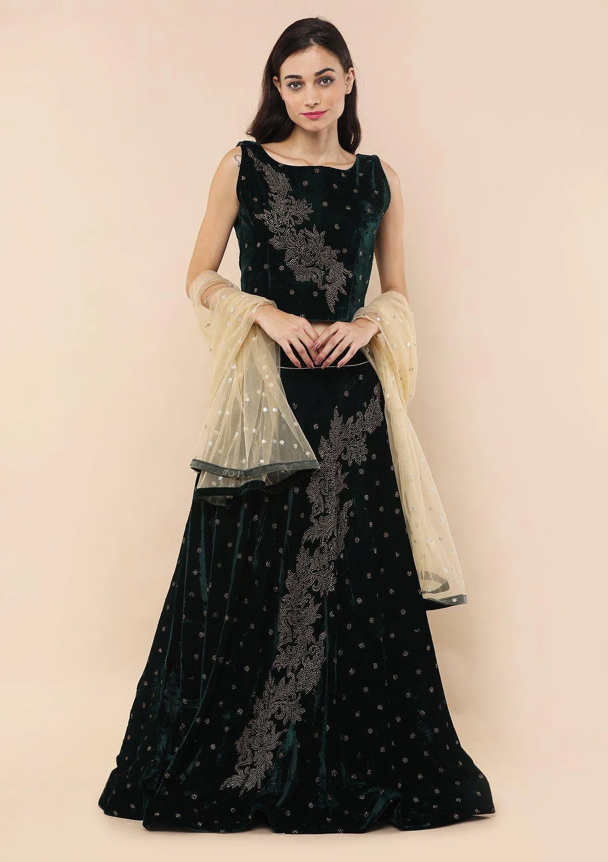 Bottle Green Sequinned Velvet Readymade Lehenga