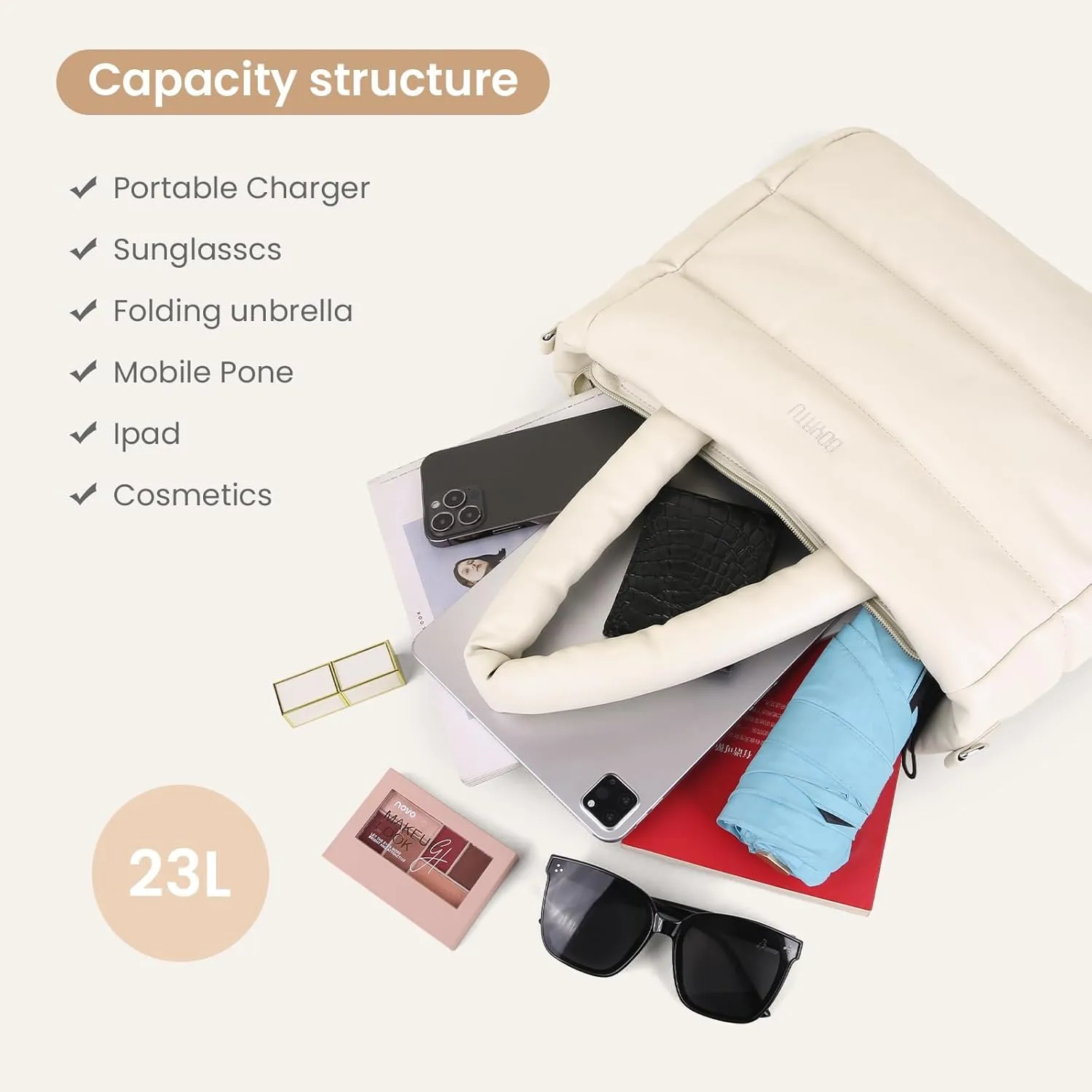 BOYATU Puffer Tote Bag for Women: Quilted Puffy Tote Purse with Zipper - Vegan Leather Satchel Bag for School Work Travel Gym