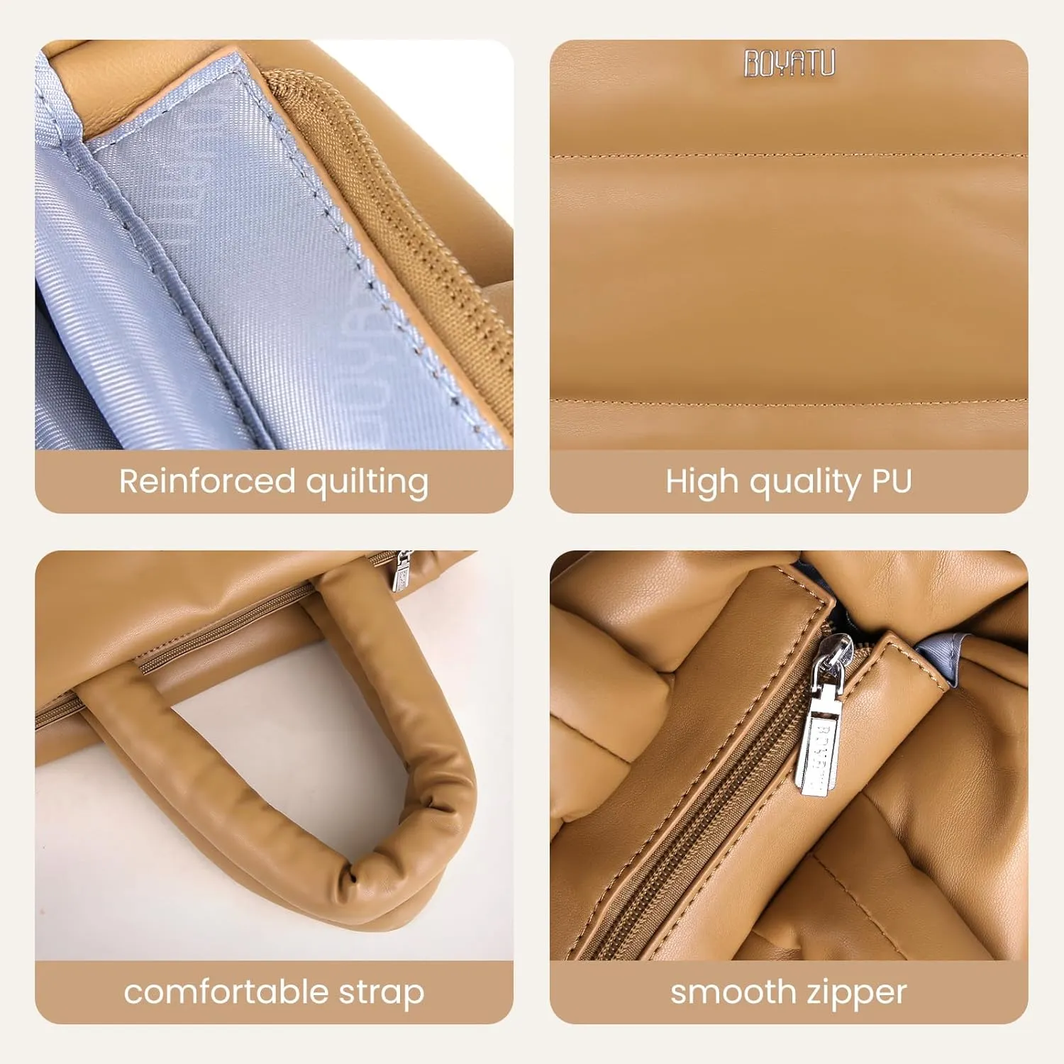 BOYATU Puffer Tote Bag for Women: Quilted Puffy Tote Purse with Zipper - Vegan Leather Satchel Bag for School Work Travel Gym