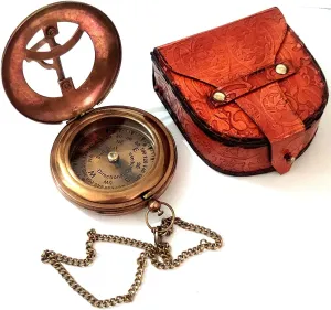 Brass Push Open Compass Marine Astrolabe Pocket Sundial Style Compass with Leather Case and Chain Antiqued Finish Handmade Working Brass Compass for Birthday, Christmas, Anniversary
