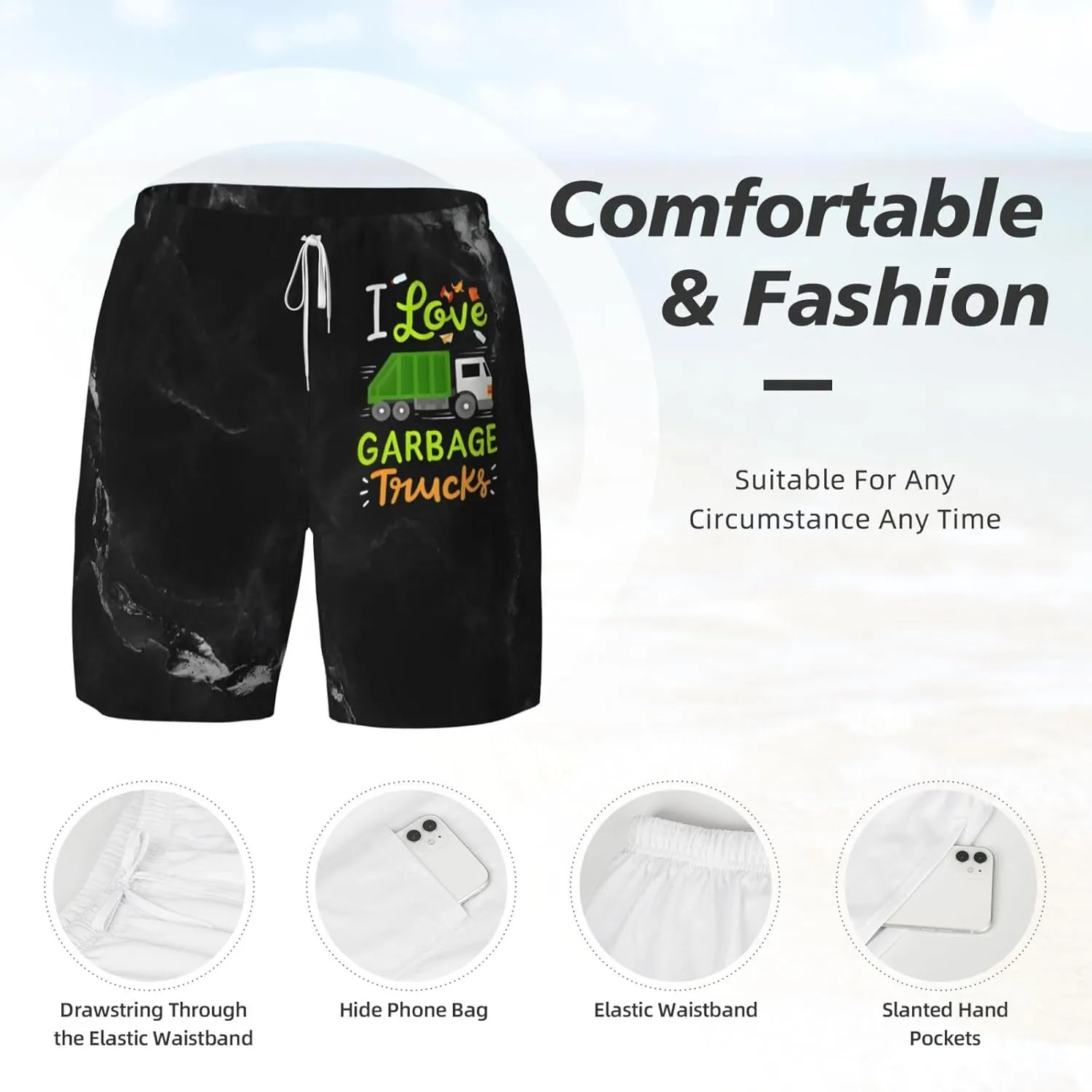 Breathable Men's Swim I Love Garbage Trucks Shorts with Adjustable Waist