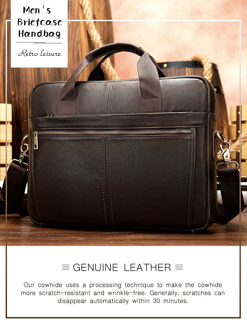 Briefcase messenger bag men's genuine leather
