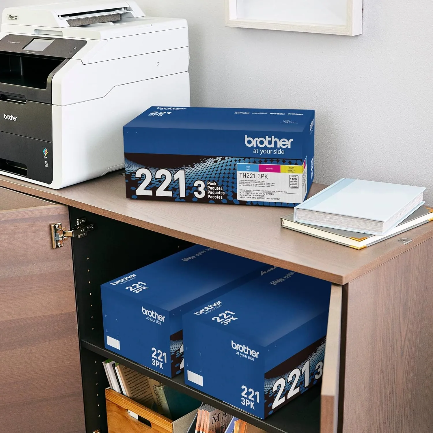 Brother Genuine Standard-Yield Toner Cartridge Three Pack TN221 3PK -Includes one Cartridge Each of Cyan, Magenta & Yellow Toner, Standard Yield (TN2213PK), Cyan, Magenta, Yellow