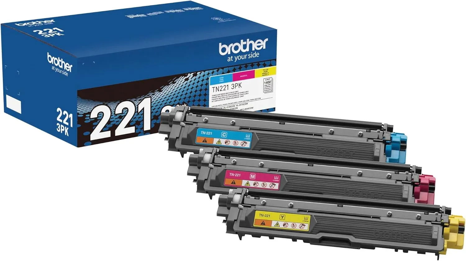 Brother Genuine Standard-Yield Toner Cartridge Three Pack TN221 3PK -Includes one Cartridge Each of Cyan, Magenta & Yellow Toner, Standard Yield (TN2213PK), Cyan, Magenta, Yellow