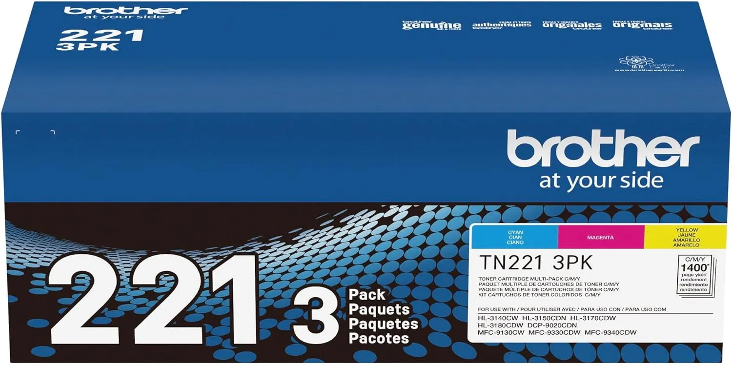 Brother Genuine Standard-Yield Toner Cartridge Three Pack TN221 3PK -Includes one Cartridge Each of Cyan, Magenta & Yellow Toner, Standard Yield (TN2213PK), Cyan, Magenta, Yellow