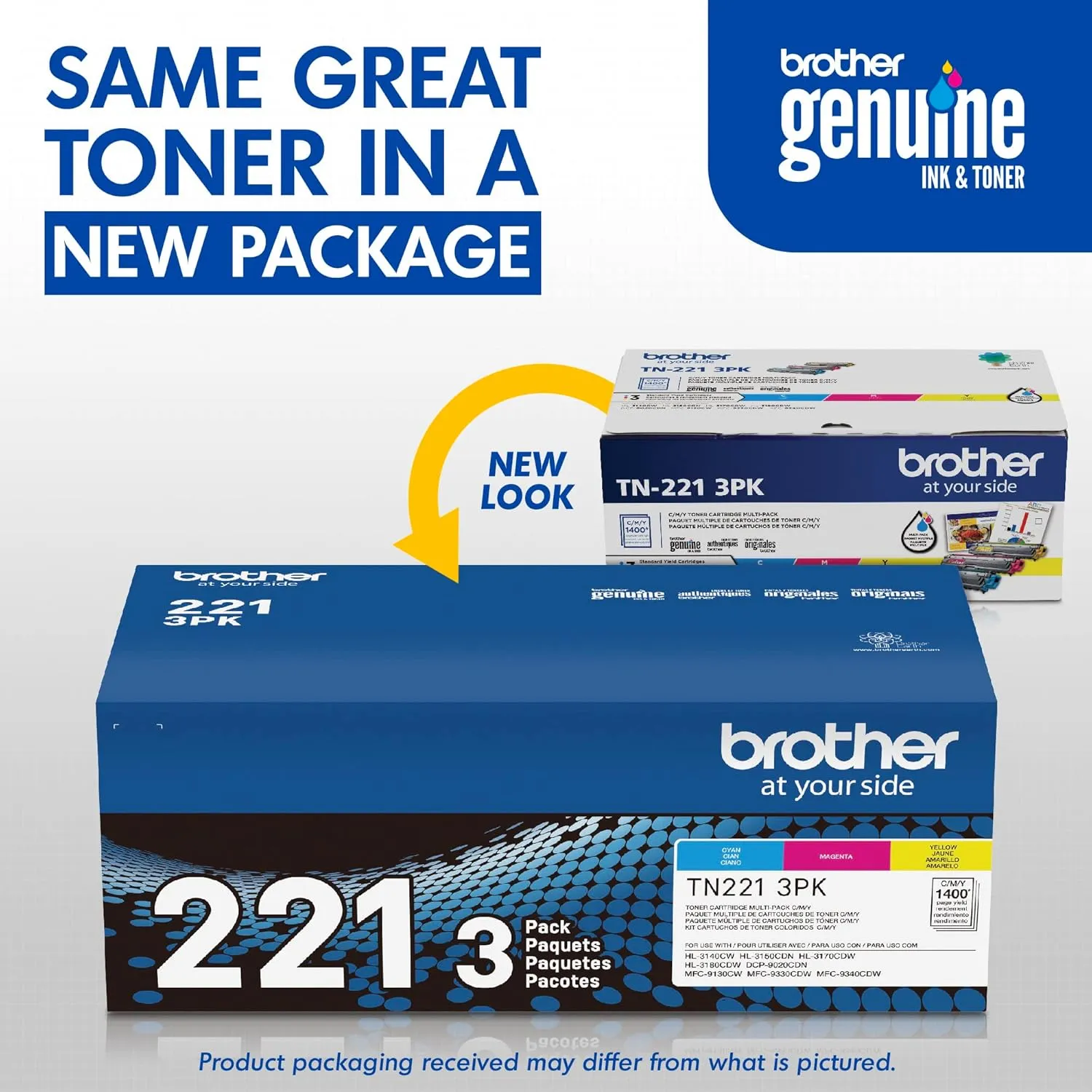 Brother Genuine Standard-Yield Toner Cartridge Three Pack TN221 3PK -Includes one Cartridge Each of Cyan, Magenta & Yellow Toner, Standard Yield (TN2213PK), Cyan, Magenta, Yellow