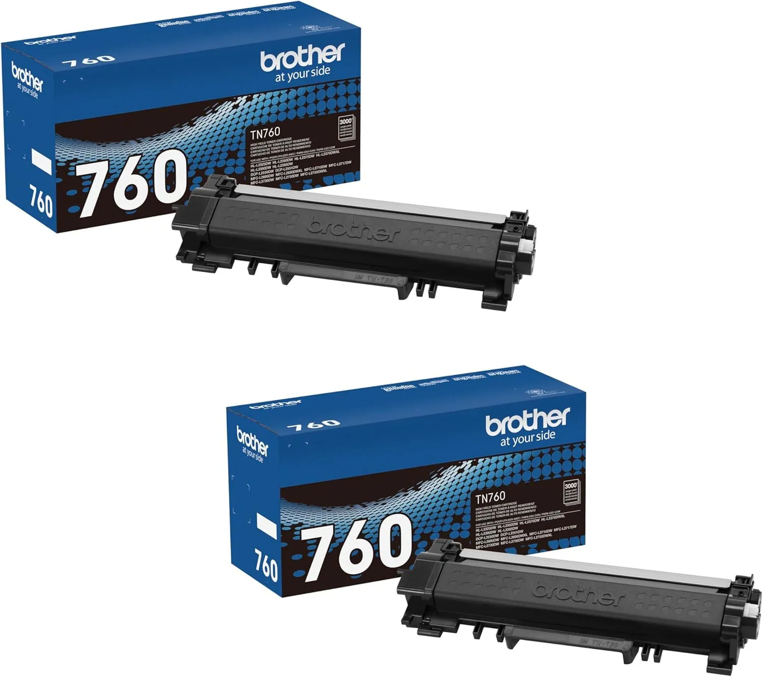 Brother Genuine TN760 2-Pack High Yield Black Toner Cartridge with approximately 3,000 page yield/cartridge