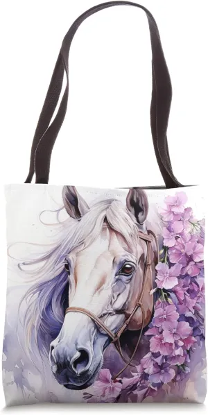 Buckskin Horse Floral Watercolor Lilac Flower Tote Bag