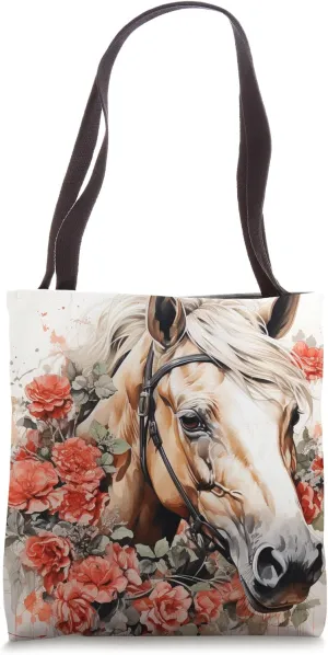 Buckskin Horse Floral Watercolor Rose Flower Tote Bag