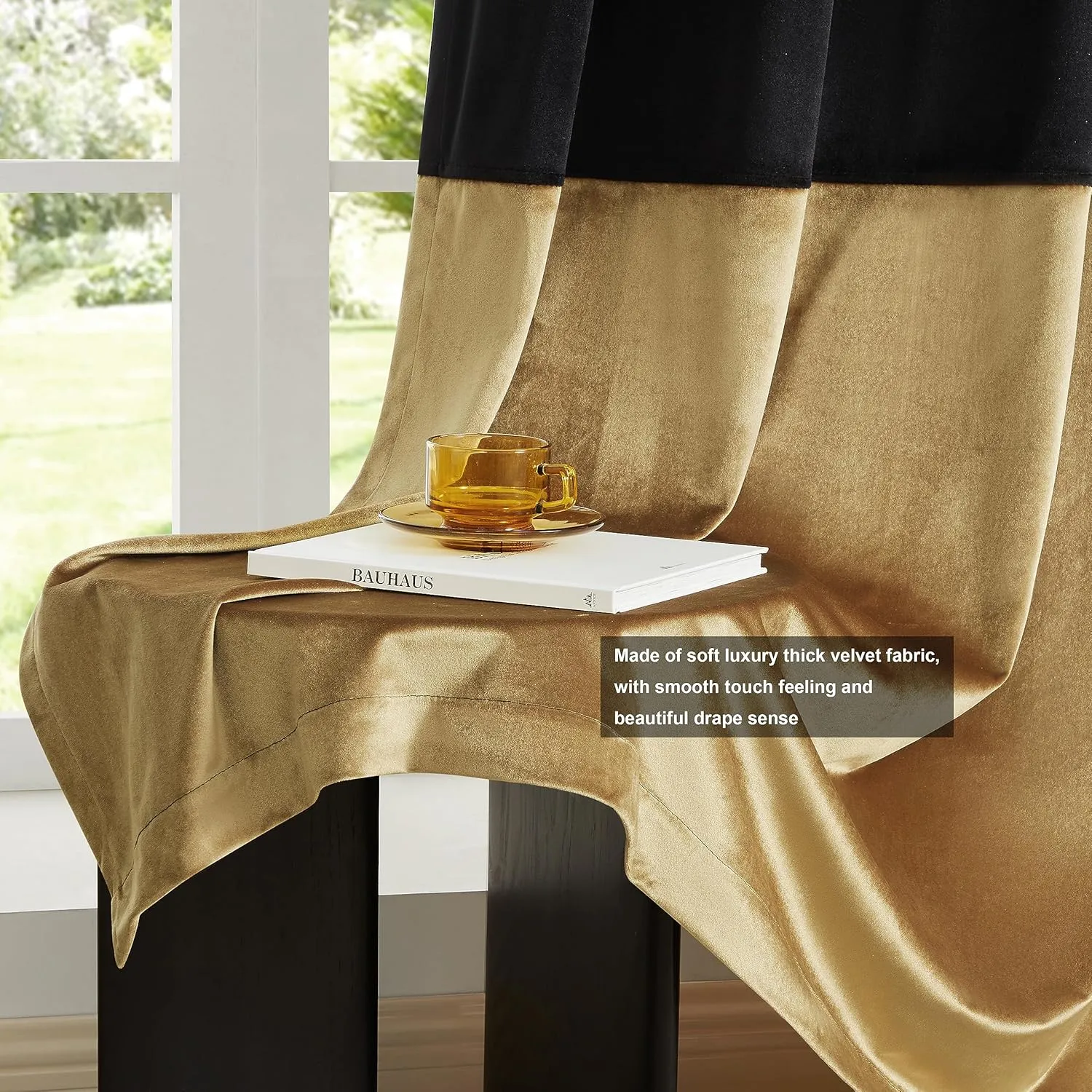 BULBUL Black Gold Color Block Window Curtains Panels 84 inches Long Velvet Farmhouse Drapes for Bedroom Living Room Darkening Treatment with Grommet Set of Black Gold