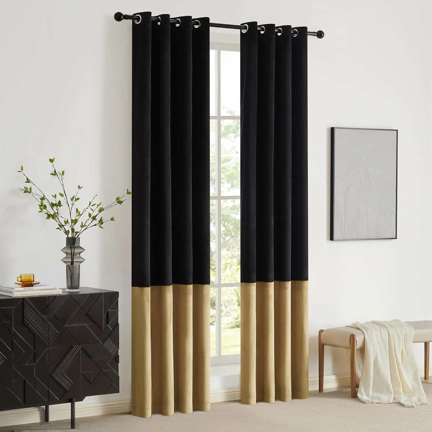 BULBUL Black Gold Color Block Window Curtains Panels 84 inches Long Velvet Farmhouse Drapes for Bedroom Living Room Darkening Treatment with Grommet Set of Black Gold