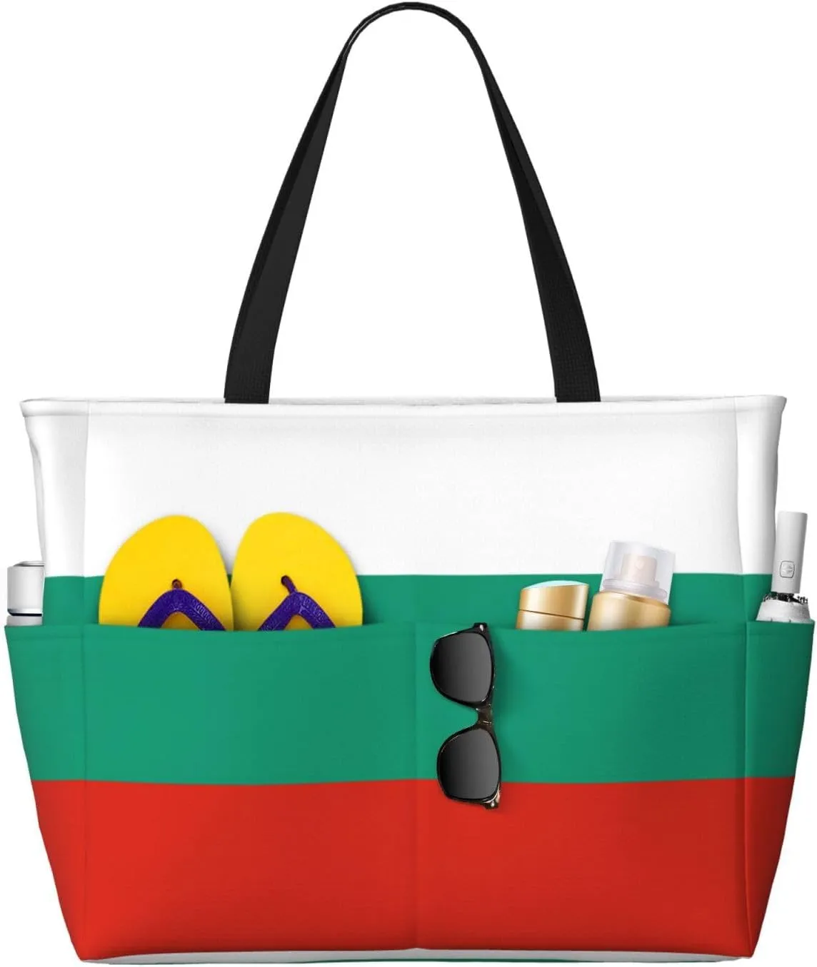 Bulgarian Flag Print 28L Large Beach Tote Bag, 7 Pockets Waterproof Travel Shoulder Bag, Gym Oversized Tote