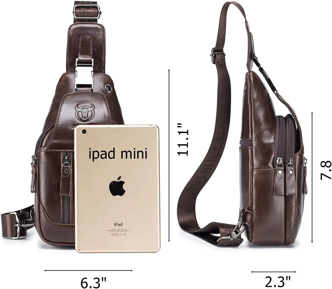 BULLCAPTAIN Genuine Leather Men Sling Crossbody Bag Chest Bags Travel Hiking Shoulder Backpack (Brown)