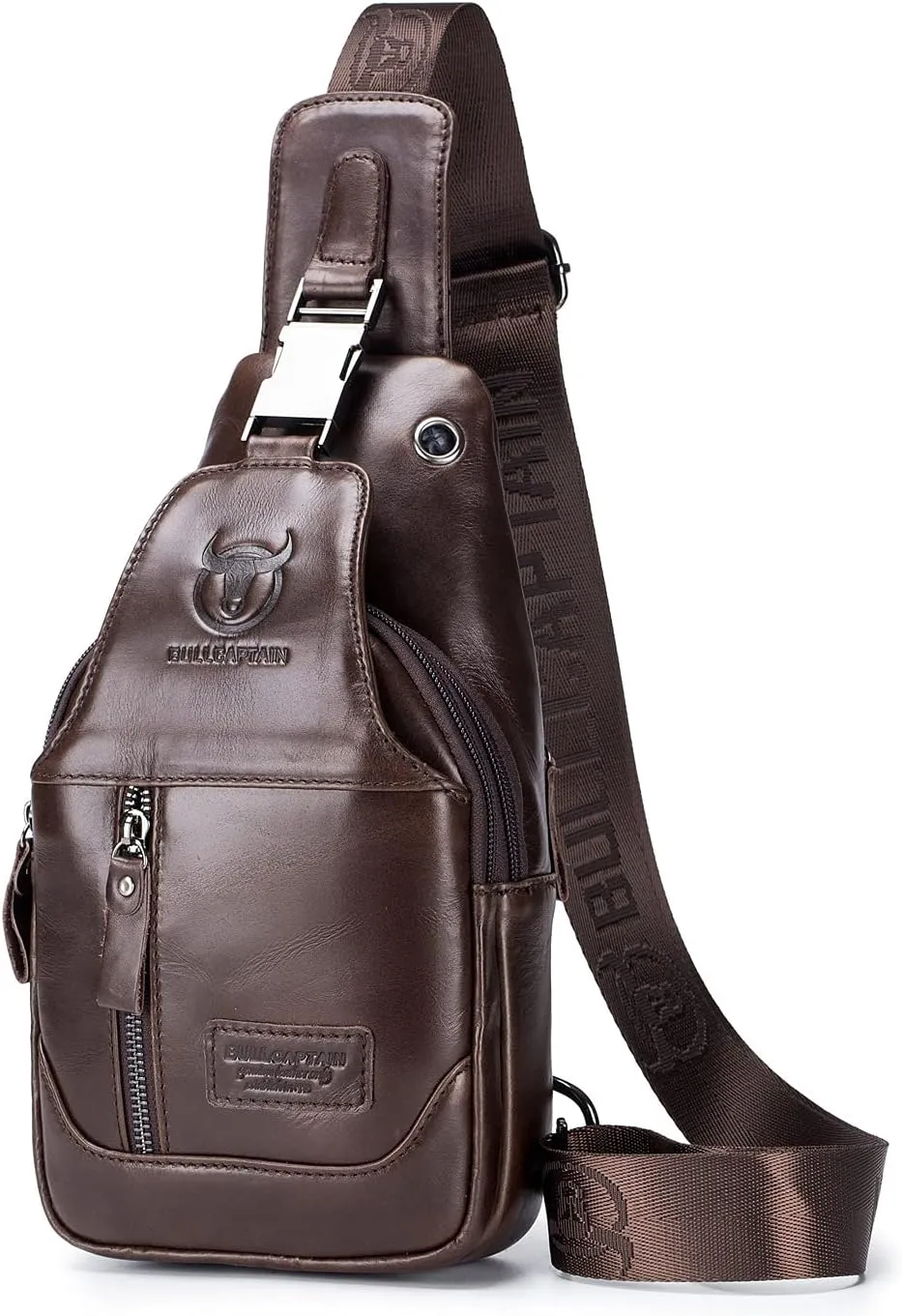 BULLCAPTAIN Genuine Leather Men Sling Crossbody Bag Chest Bags Travel Hiking Shoulder Backpack (Brown)