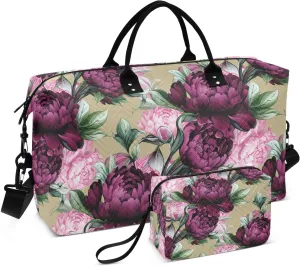 Burgundy Peony Flower Beige Sports Gym Bag for Women Men Travel Duffel Bag Weekend Overnight Carry on Bag with Toiletry Bag Training Handbag for Plane Hospital Workout Swimming Yoga