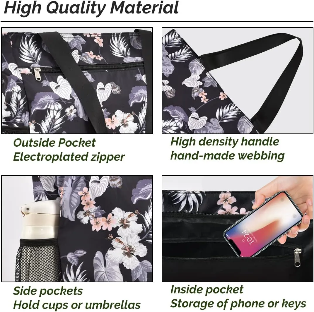 Buringer Large Waterproof Beach Bag for Women Sandproof Tote Bag with Zipper and Pockets Pool Bag for Travel Gym Vacation