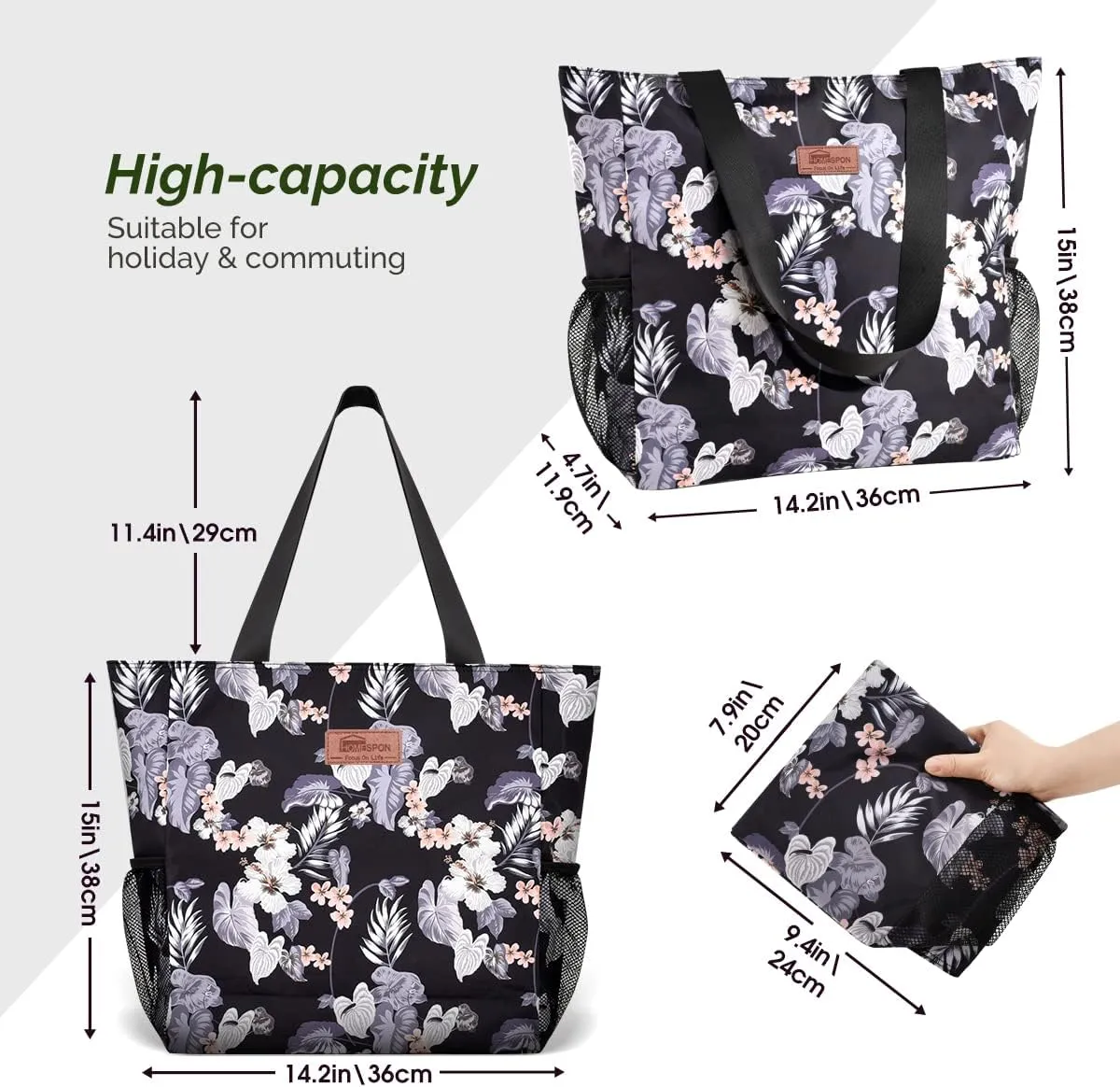 Buringer Large Waterproof Beach Bag for Women Sandproof Tote Bag with Zipper and Pockets Pool Bag for Travel Gym Vacation