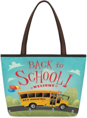 Bus Welcome School Tote Bag Tote Purse for Women with Zipper Womens Handbags for Work Travel