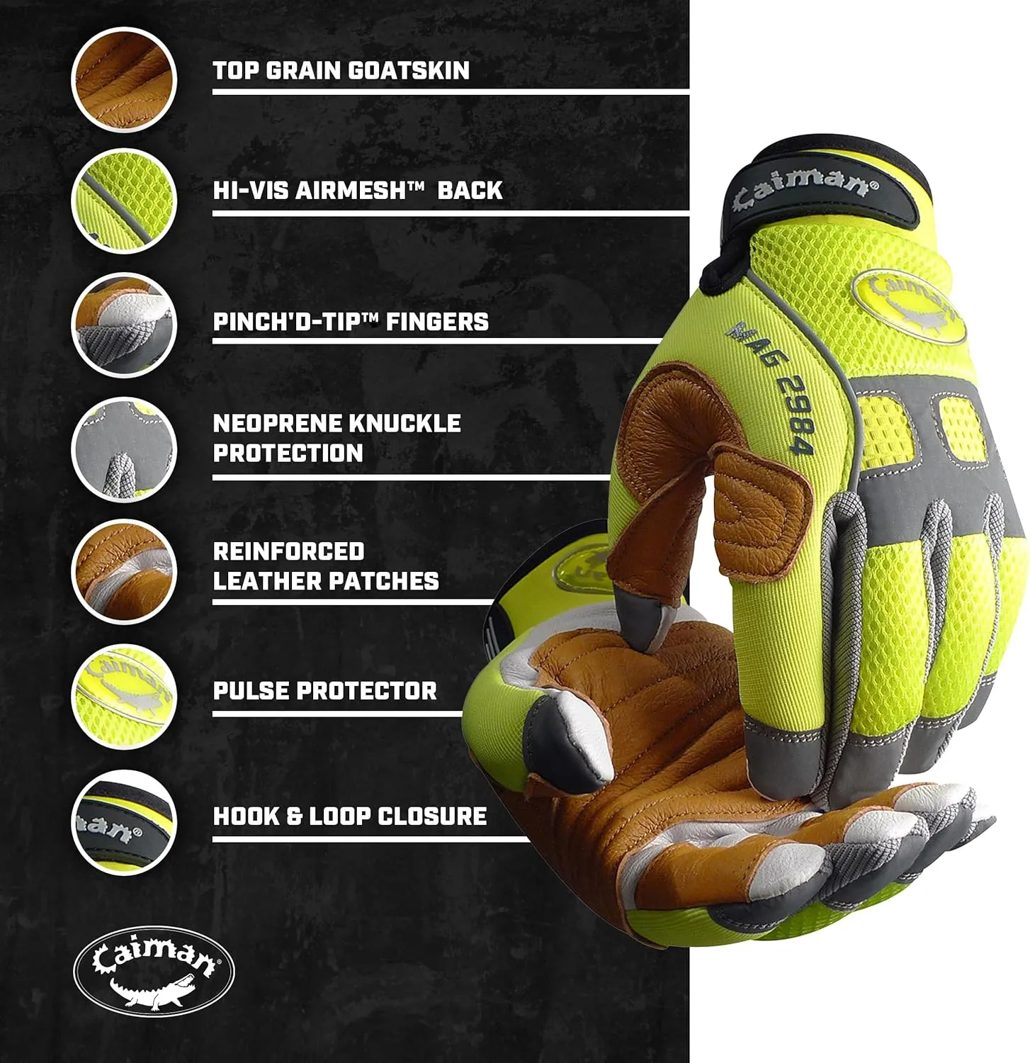 Caiman MAG, Multi-Activity Glove with Goat Grain Leather Patch Palm, Hi-Vis AirMesh Back, Pinch'd-Tip Fingers, Neoprene Knuckle, High-Vis Yellow/Gold, X-Large (2984-6)