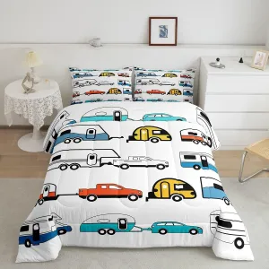 Camper Decor Bedding, Happy Camping Comforter Set Queen, Rustic Farmhouse Style Quilt Set for Kids Boys Girls, Colorful Camping Car Duvet Set, Soft Warm With 2 Pillow Cases