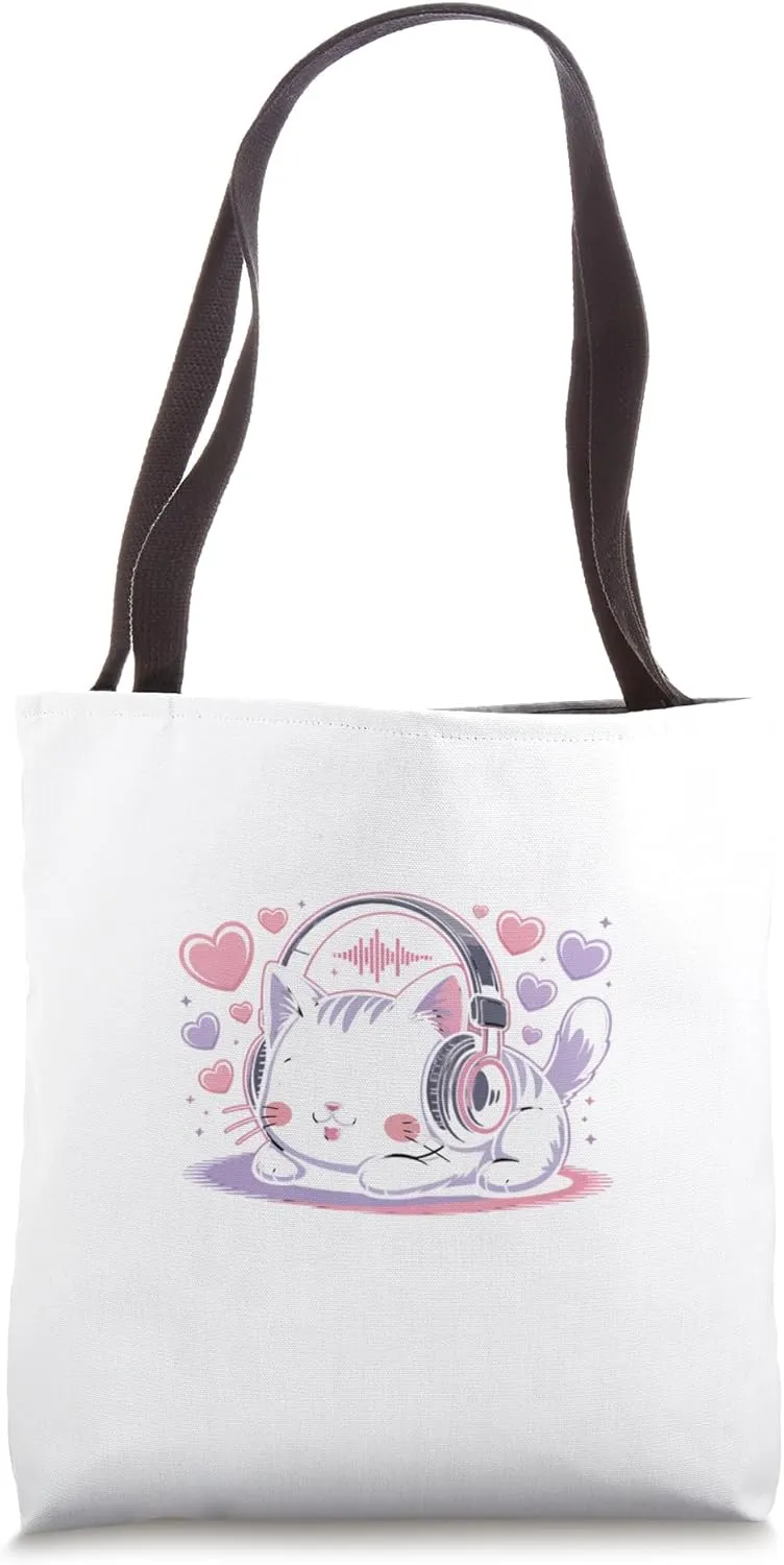 Can’t Hear You I’m Listening to K-Pop Cute Cat Headphones Tote Bag