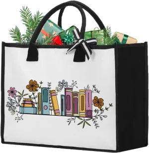 Canvas Book Tote Bag for Woman Book Lover Christmas Woman's Mother's Day Birthday Gifts for Women Librarian Bookish Gifts for Readers, Floral Flower Books Pattern Tote Bag