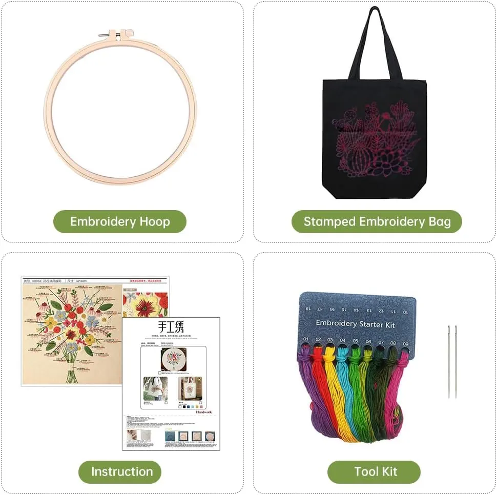 Canvas Handbag Embroidery Kit, Flower Embroidery DIY Craft Floral Tote Bag Beginner Kit Include Hoops Color Threads Needle, DIY Sewing Stamped Set