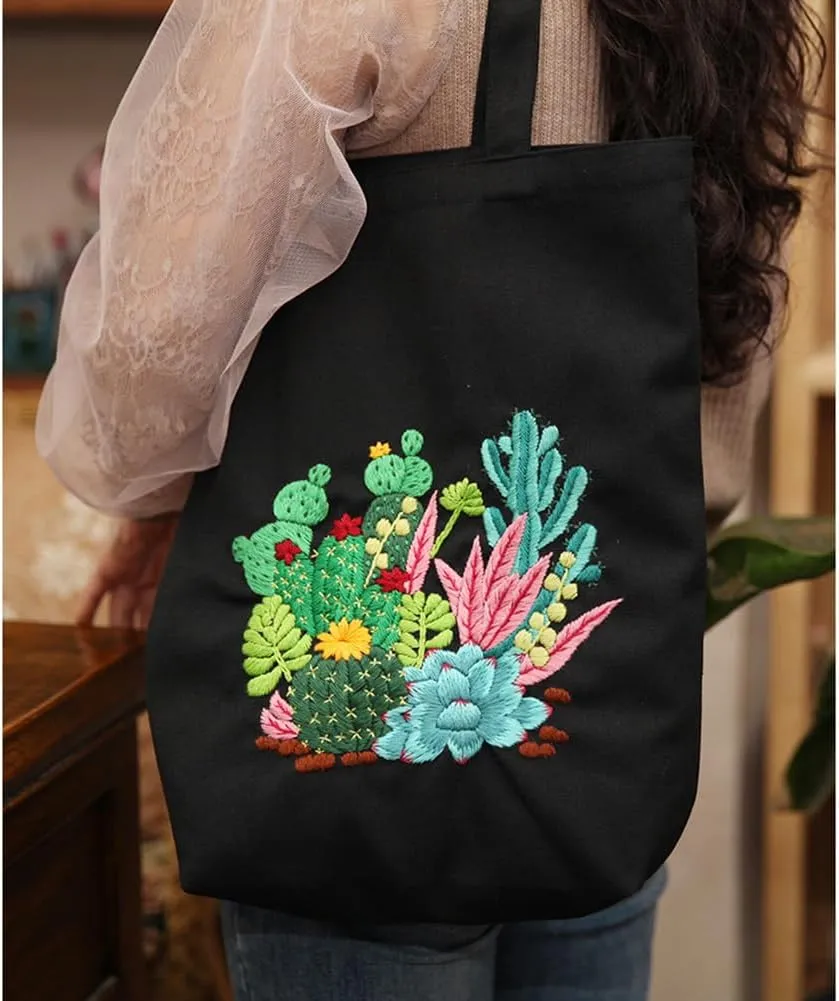 Canvas Handbag Embroidery Kit, Flower Embroidery DIY Craft Floral Tote Bag Beginner Kit Include Hoops Color Threads Needle, DIY Sewing Stamped Set