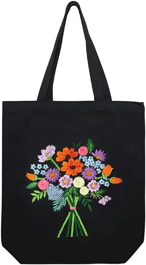 Canvas Handbag Embroidery Kit, Flower Embroidery DIY Craft Floral Tote Bag Beginner Kit Include Hoops Color Threads Needle, DIY Sewing Stamped Set