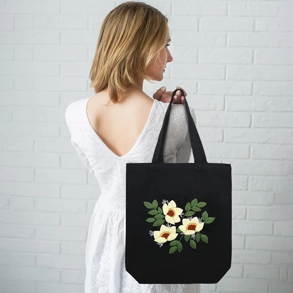 Canvas Handbag Embroidery Kit, Flower Embroidery DIY Craft Floral Tote Bag Beginner Kit Include Hoops Color Threads Needle, DIY Sewing Stamped Set