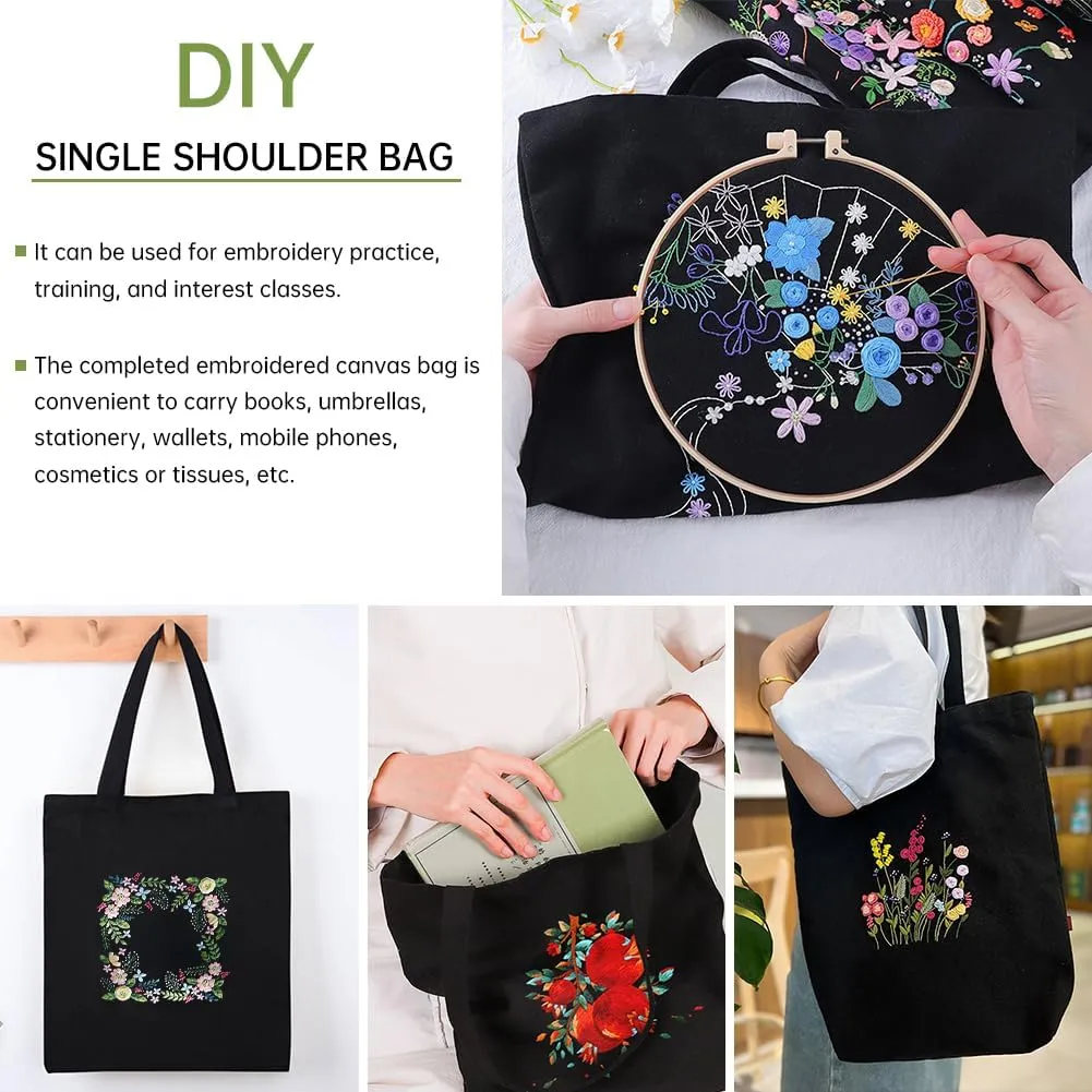Canvas Handbag Embroidery Kit, Flower Embroidery DIY Craft Floral Tote Bag Beginner Kit Include Hoops Color Threads Needle, DIY Sewing Stamped Set
